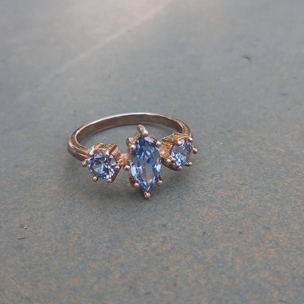 Sterling Aquamarine Triple Stone Vintage Ring Gold Plate 7.5